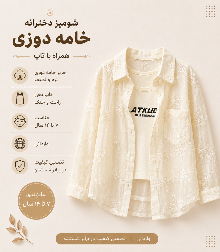 شومیز حریر خامه دوزی همراه با تاپ نخی، دخترانه مناسب ۷ تا ۱۴ ساله، رنگ نباتی